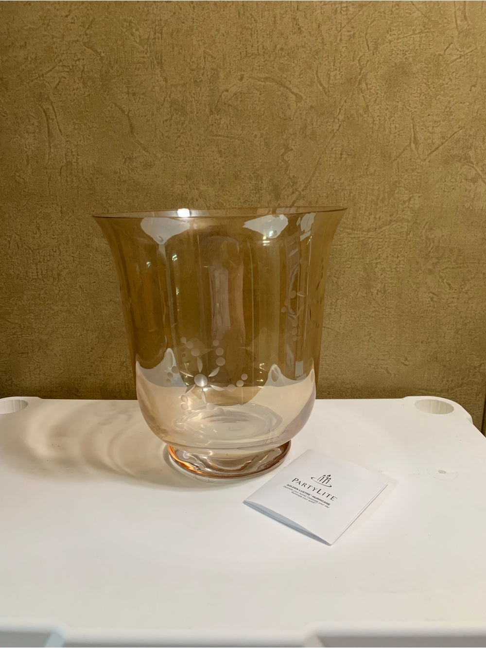 PartyLite Golden Luster Hurricane Candle Holder Vase Hand Blown Glass P8632 NIB